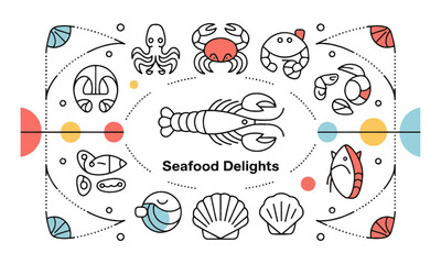 vector illustration featuring minimalistic seafood icons in a modern line-art style, easily scalable