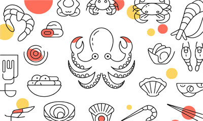vector illustration featuring minimalistic seafood icons in a modern line-art style, easily scalable