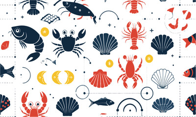 vector illustration featuring minimalistic seafood icons in a modern line-art style, easily scalable