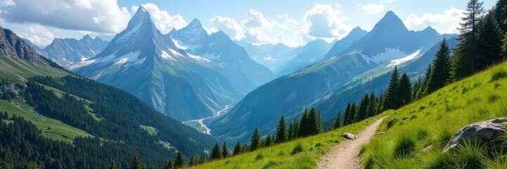 Wall Mural - Epic mountain vista with towering peaks, lush green valleys, and a winding trail beckoning adventurers Perfect for travel, adventure, and nature themes , explore, wanderlust