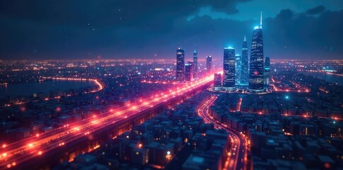 Wall Mural - futuristic cityscape at night, glowing network connections illustrating innovative connectivity, dig