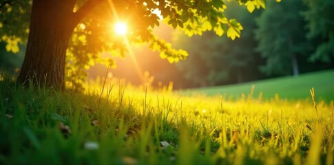Wall Mural - Golden hour sunlight streams through leaves onto sun-drenched grass, creating a warm, inviting summer scene Perfect for travel, vacation, or nature themes , foliage, field