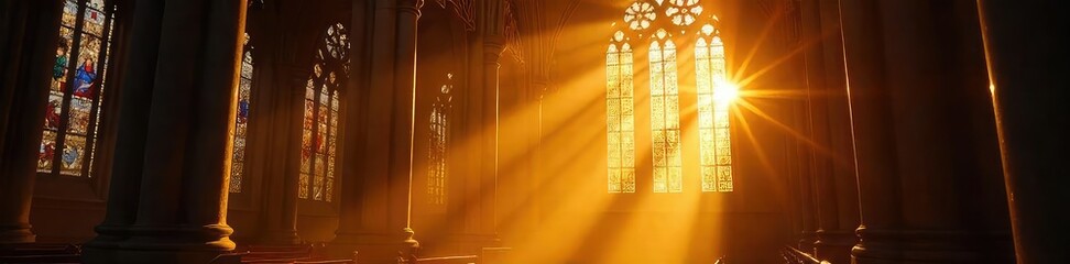 Canvas Print - Golden rays of sunlight stream through stained glass, illuminating a majestic cathedral interior with ethereal light A breathtaking display of sacred luminescence , sacred, holy