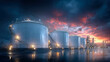 © Bolbik - Large chemical storage tanks at a refinery, glowing lights reflect on water under a foggy night sky