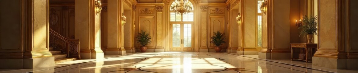 Wall Mural - Luxurious gold foyer, gleaming marble floor, ornate chandelier, elegant entryway design Sunbeams illuminate the space, highlighting the rich textures and opulent details , home decor, light, entrance
