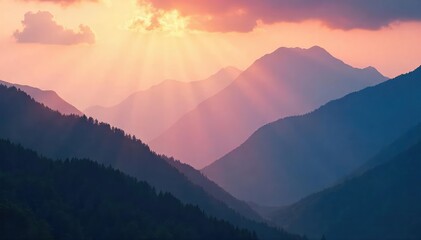 Wall Mural - Misty mountain peaks shrouded in a smoky haze, creating an ethereal and mysterious atmosphere Sunlight filters through the clouds, illuminating the rugged terrain , texture, haze