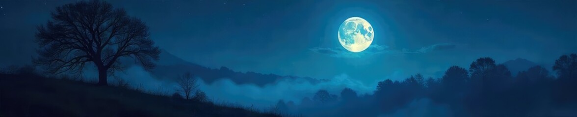Wall Mural - Mysterious, ethereal glow illuminates the midnight hour, casting an enchanting spell on a dark, moonlit landscape Silhouetted trees and a hazy sky create a scene of serene darkness , forest, serene