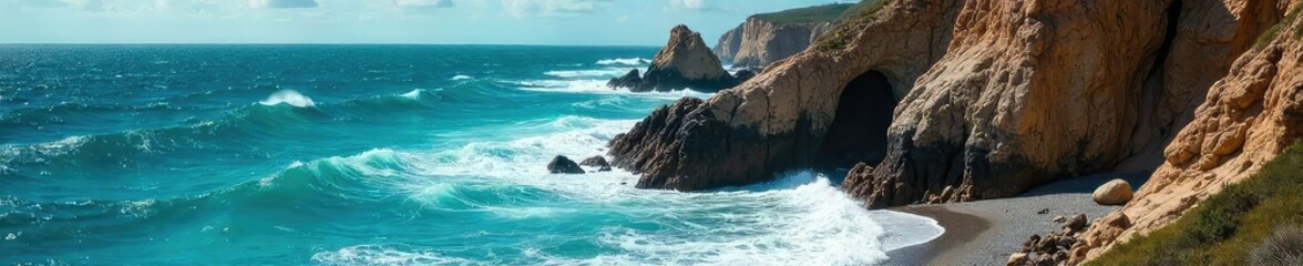 Wall Mural - Rugged coastline with dramatic rocky outcrops meeting the turquoise ocean waves Perfect for travel, nature, and geology themed projects Shows a wild, untamed landscape , turquoise, rock formation