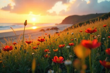 Canvas Print - Serene coastal meadow at sunset, wildflowers swaying gently in the breeze, soft sand visible in the background Golden hour light bathes the scene in warmth , vibrant, coastal meadow, beach