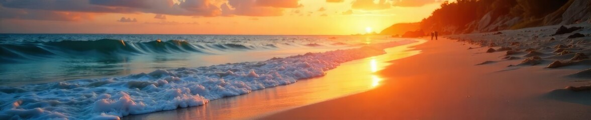 Wall Mural - Serene coastal scene at sunset, golden light illuminating the sand and tranquil ocean waves Perfect for travel, vacation, or nature-themed projects , horizon, serenity, picturesque