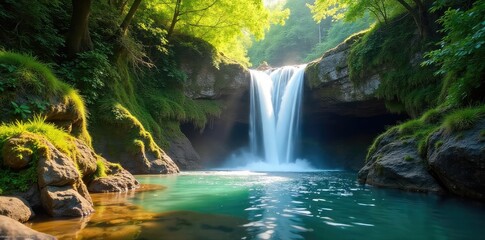 Wall Mural - Serene summer waterfall cascading over mossy rocks, sunlight dappling the water Perfect for travel, nature, and relaxation themes , natural beauty, sunlight