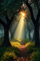 Wall Mural - Sunlight dapples through ancient olive trees in a serene Greek forest, creating a mystical atmosphere The air is still, hinting at the warmth of the Mediterranean sun , golden hour, botanical, green