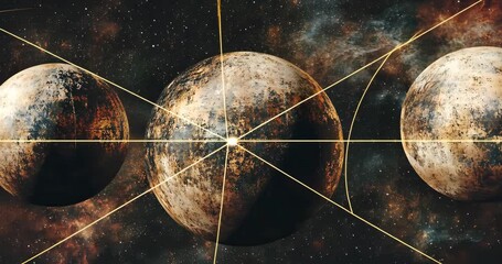 Wall Mural - Three textured brown planets rotate in space, surrounded by stars and golden lines.