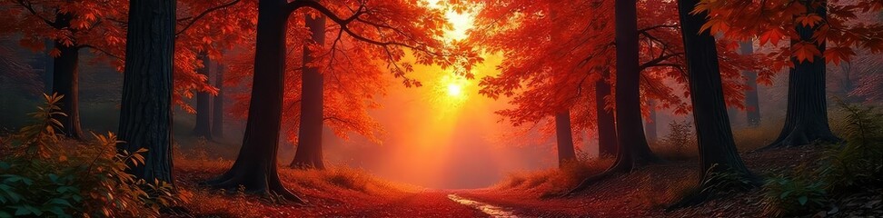 Wall Mural - vibrant sunset hues paint a lush forest canopy, illuminating orange-tinged leaves and branches a sen