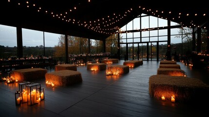 A barn dance with string lights and bales of hay