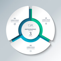 Wall Mural - Vector infographic template featuring a modern, 3D-style circular layout divided into 3 steps. Ideal for presenting business processes, timelines, workflows, marketing steps, or educational content.