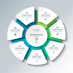 Wall Mural - Vector infographic template featuring a modern, 3D-style circular layout divided into 7 steps. Ideal for presenting business processes, timelines, workflows, marketing steps, or educational content.