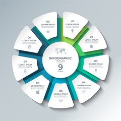 Wall Mural - Vector infographic template featuring a modern, 3D-style circular layout divided into 9 steps. Ideal for presenting business processes, timelines, workflows, marketing steps, or educational content.