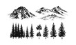 © aura - Snowy Mountain Terrain Illustration, Engraved Cold Forest Pack, Narrow Pine Vector, Alpine Fir Tree Silhouettes, Ski Forest Scene, Winter Woods, Vector Illustration, Evergreen, Cutout.
