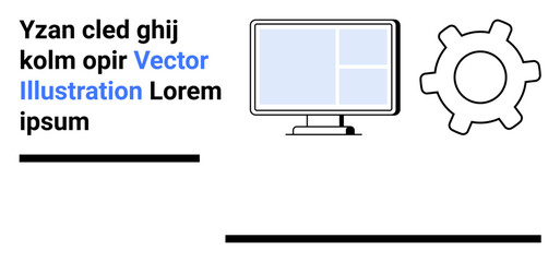 Computer monitor displaying grid layout alongside gear mechanism symbolizing system operations and customization. Ideal for technology services, IT management, software, web development, system