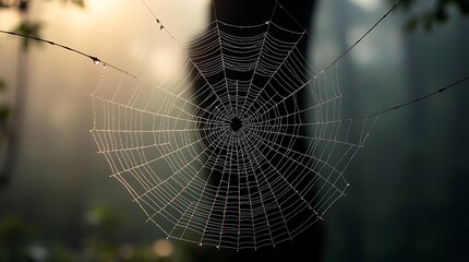 Close-up of a dew-covered spiderweb spun in a foggy forest.