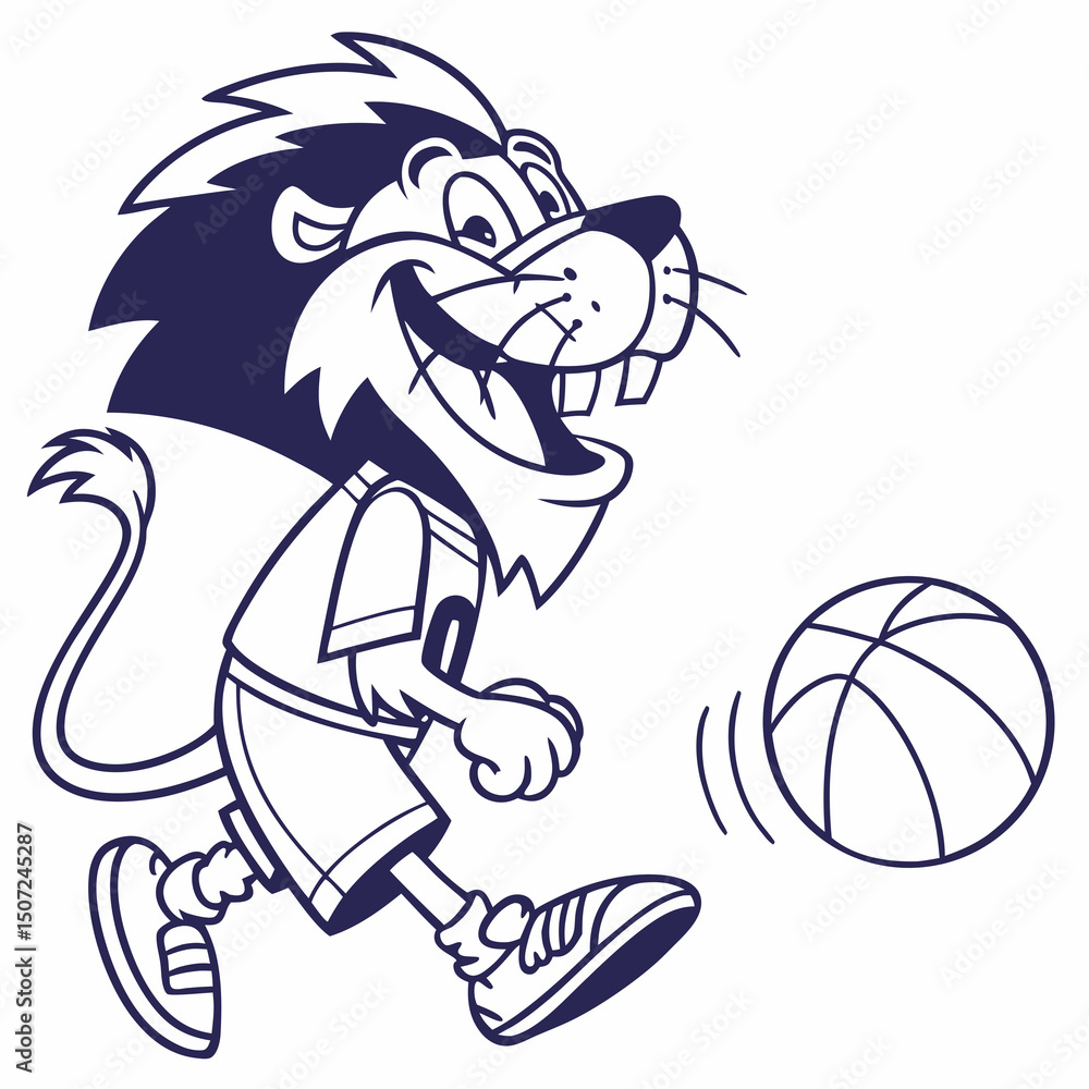 Cartoon Lion Mascot Dribbling a Basketball in Outline Style ...