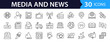 © SMUX - News media Web Icon Set in Line Style. Collection of Mass media Linear Icons, Including tv, radio, newspaper, magazine, news, broadcasting, press, interview, journalism and more. Editable Stroke