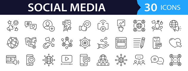 Aufkleber - Social Media Web Icon Set in Line Style. Collection of social network Linear Icons ,Including Like, share, blog, comment, media, website, content, business marketing and more. Editable Stroke