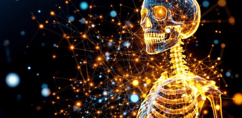 Poster - A glowing digital human skeleton is interconnected with bright, abstract network lines and nodes on a dark background.