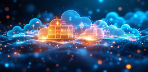 Poster - Digital cityscape with glowing buildings and cloud icons, representing cloud computing and futuristic technology.