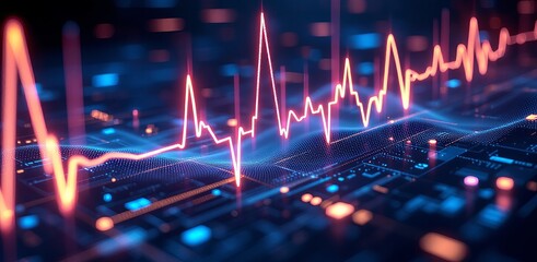 Poster - A glowing digital ECG waveform over a futuristic, technology-themed background with circuit-like graphics.