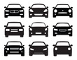 © Mdibrahim - Front view black car silhouette collection in minimal vector style for automotive branding. Vehicle UI, transport signs, app design, car logo elements, and transportation icons.