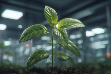 close-up of a vibrant green plant growing from dark soil, symbolizing growth and resilience, set aga