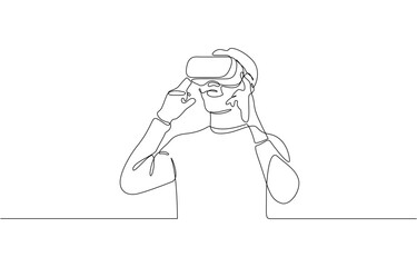 young man wearing 3d or vr glasses in continuous one line drawing, virtual reality game player conce