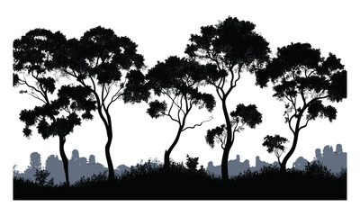 Forest silhouette in rainforest style, eucalyptus tree elements, tree clipart, isolated tree, wild nature design, vector illustration, tropical forest trees, nature clipart, png.