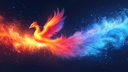 Wall Mural - a vibrant bird with fire and ice is floating in space