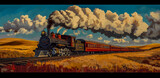 Vintage Steam Train Journey Across Golden Prairie Landscape A nostalgic illustration of a classic steam locomotive pulling passenger cars through a sun-drenched field under a dramatic sky.