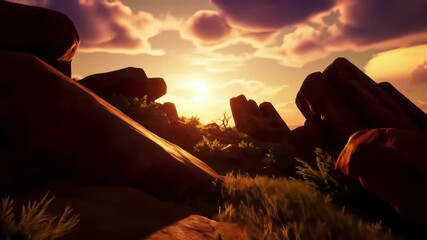 Wall Mural - Golden Hour Desert Landscape Animated Background with Rocks and Sunset