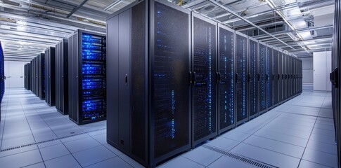 Poster - Wide view of a high tech data center with black server racks and glowing blue lights, perfect for illustrating cloud services, IT systems, or digital infrastructure solutions