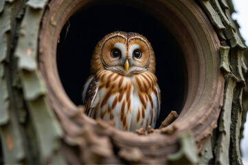 a single owl perched in a natural tree cavity
