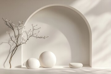 Wall Mural - minimalist white interior with geometric shapes and floral accents