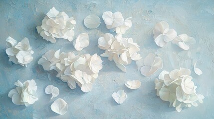 Wall Mural - White Flower Petals Spread on Soft Blue Background Design