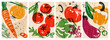 © Yelyzaveta - Fresh vegetable posters. Organic veggies natural food farm products for healthy diet, tomato pepper onion greens risograph covers for vegetarian restaurant menu. Vector cartoon set