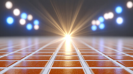 Fototapete - A stunning perspective of glowing tiles leading towards a bright light, creating an artistic and captivating visual effect.