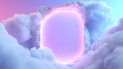 Fototapete - A surreal portal framed by clouds, radiating soft pink and blue light, inviting viewers into a dreamlike atmosphere.