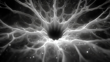 Poster - An abstract representation of neural connections, showcasing intricate patterns and structures in black and white.