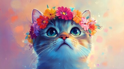  Adorable cartoon cat wearing a vibrant flower crown, close-up illustration on a pastel background generative ai