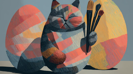 Wall Mural - rising from her egg, the best-selling cat assumed the form of an artist, clutching paintbrushes and 