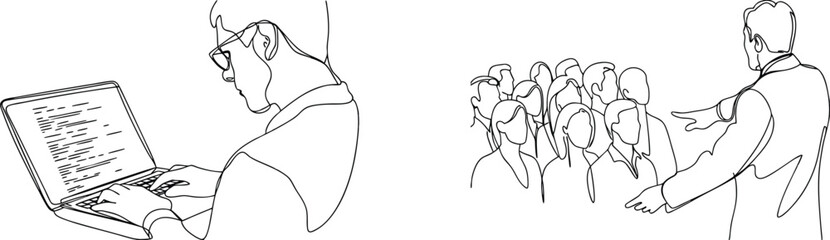 Single line drawing illustration depicting a software developer and a presentation to a crowd