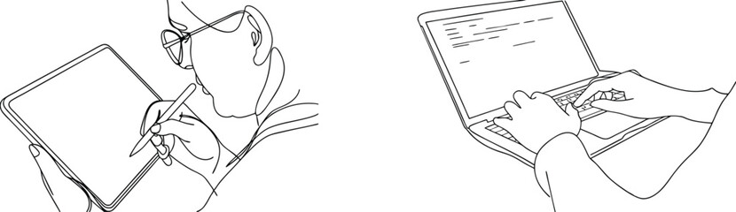 Vector illustration of person working on tablet and laptop using continuous line drawing